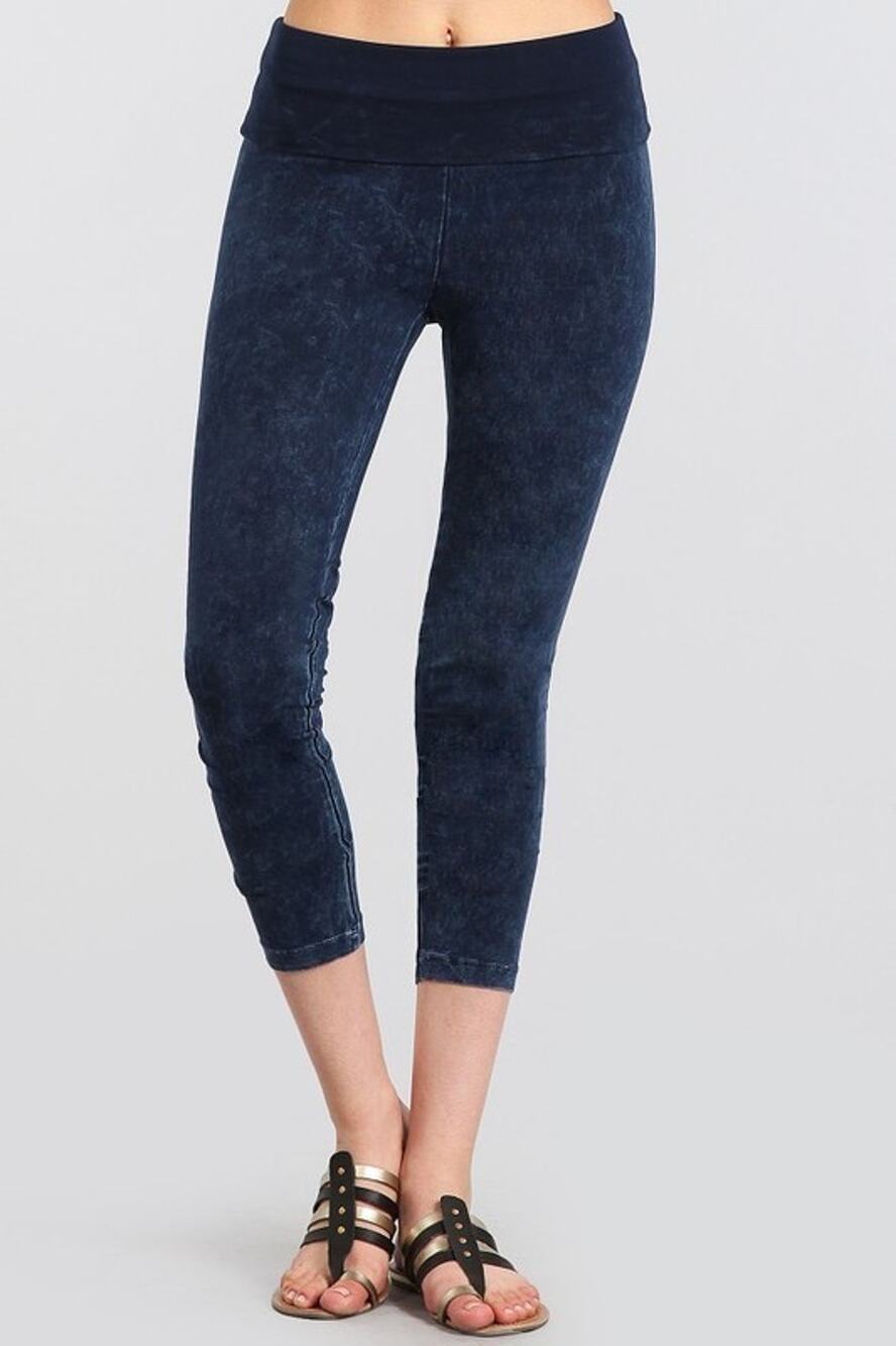 Chatoyant Mineral Wash Fold Over Waist Capris Electric Blue Large